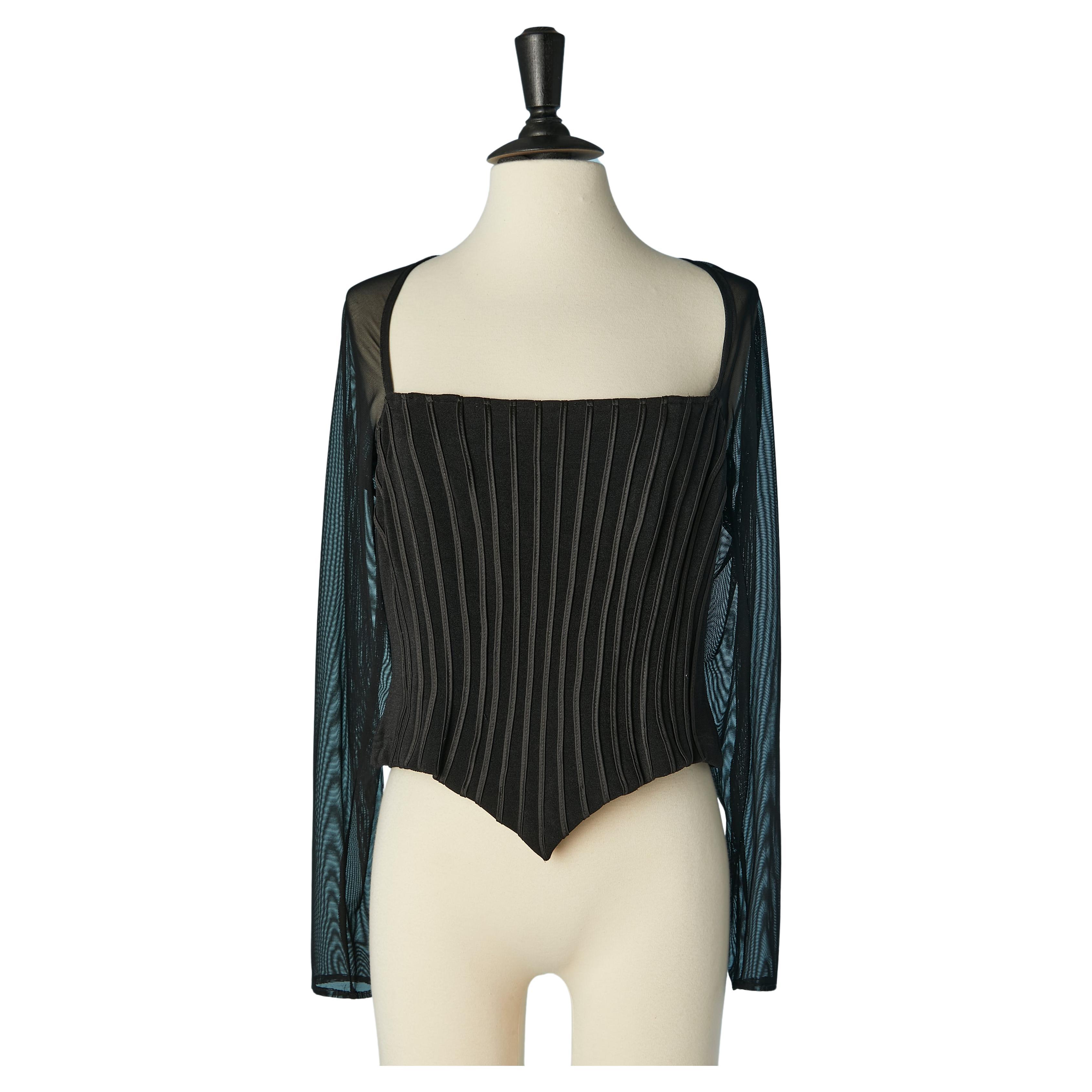 Top bustier nero con maniche lunghe in tulle di nylon TADASHI in vendita