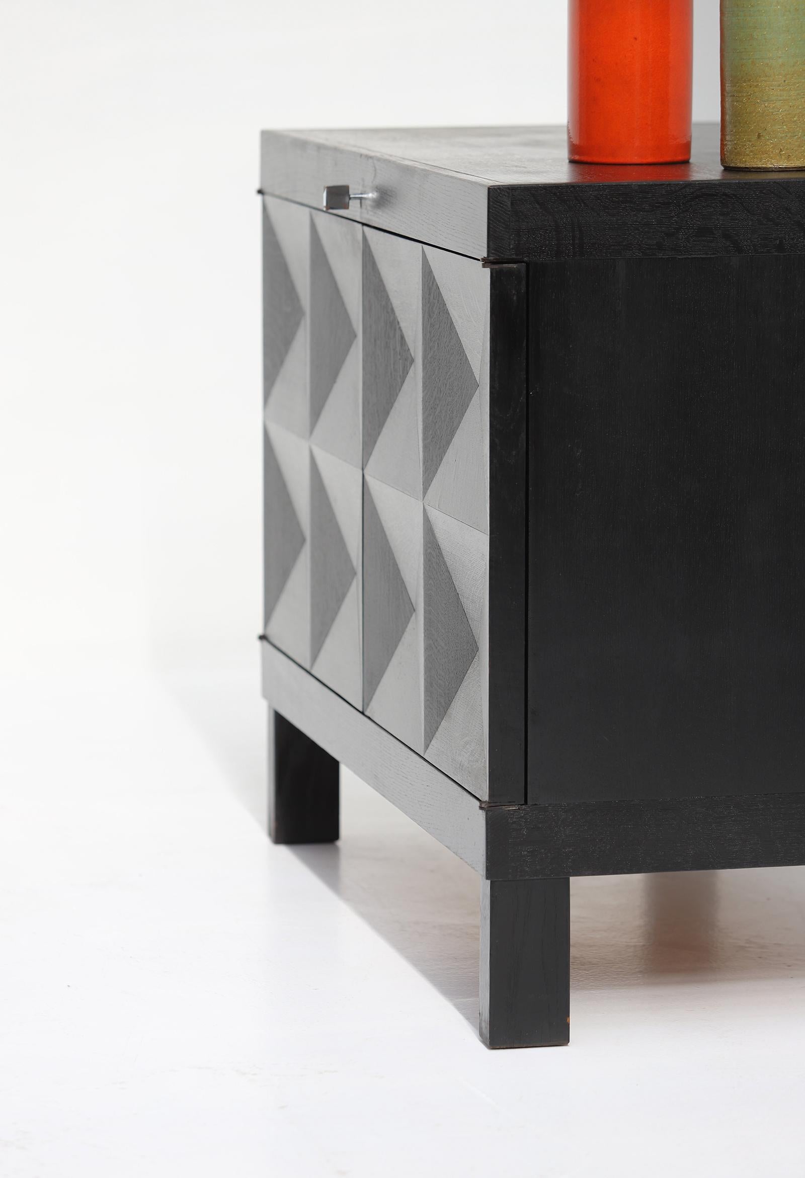 Brutalist black cabinet with graphic patterned doors for MI, Belgium 1969 For Sale 4