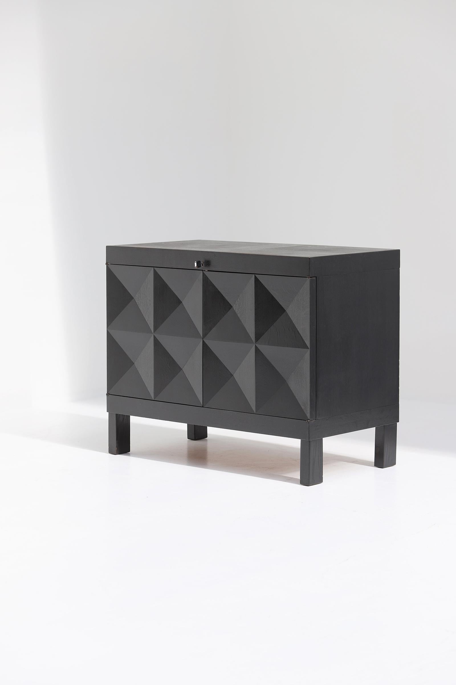 Brutalist black cabinet with graphic patterned doors for MI, Belgium 1969 For Sale 7