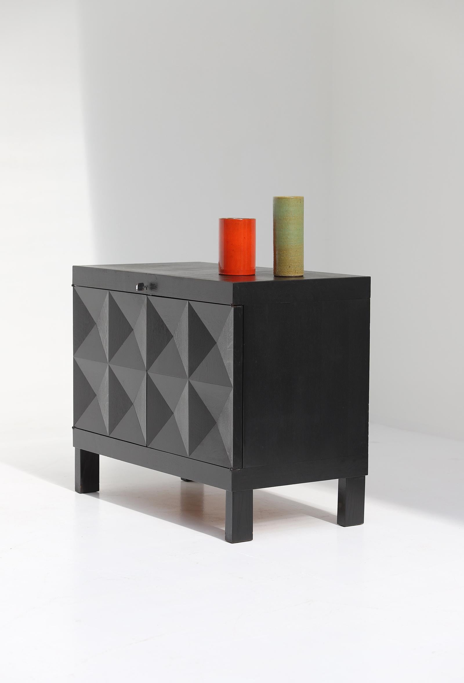 Wood Brutalist black cabinet with graphic patterned doors for MI, Belgium 1969 For Sale