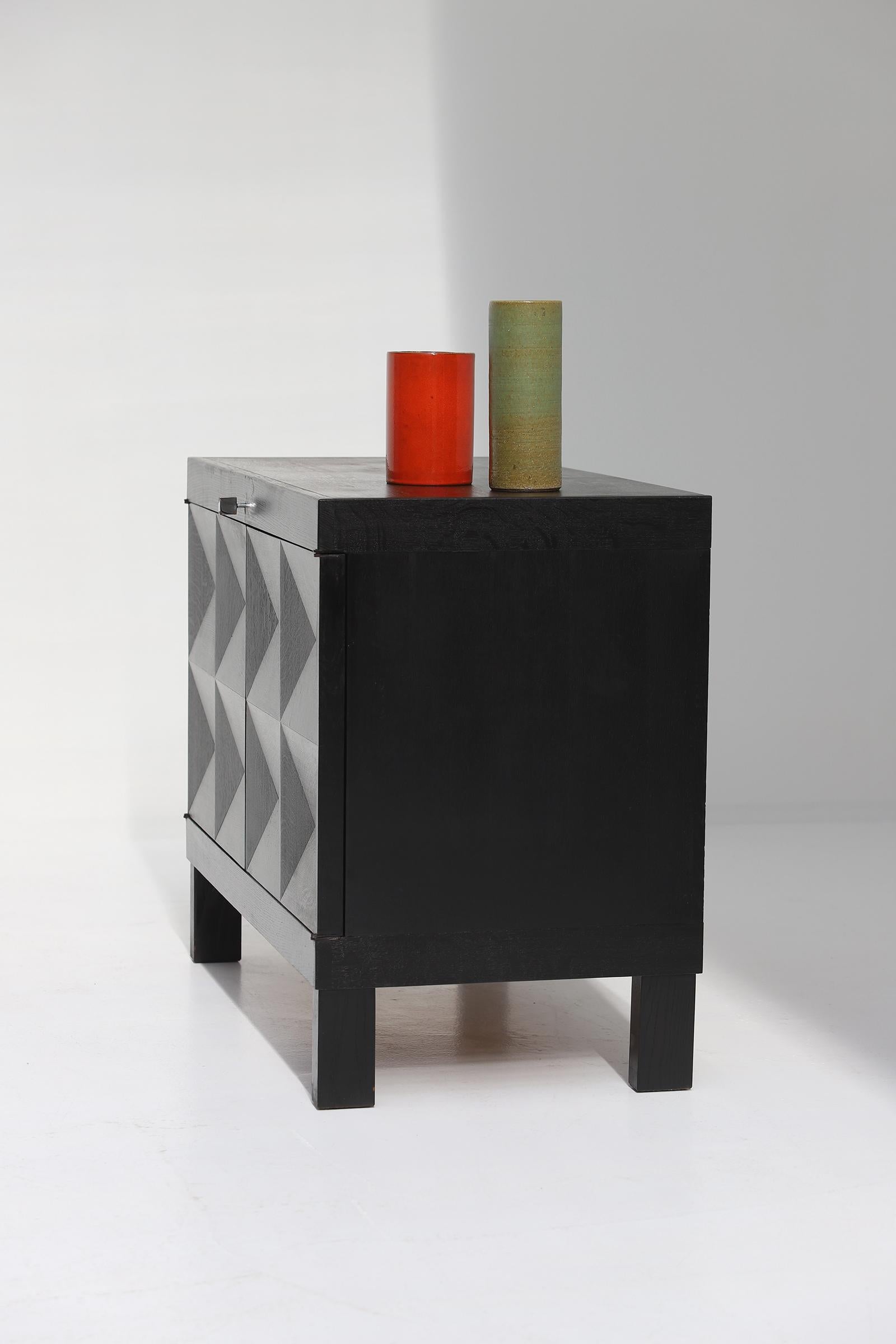 Brutalist black cabinet with graphic patterned doors for MI, Belgium 1969 For Sale 1