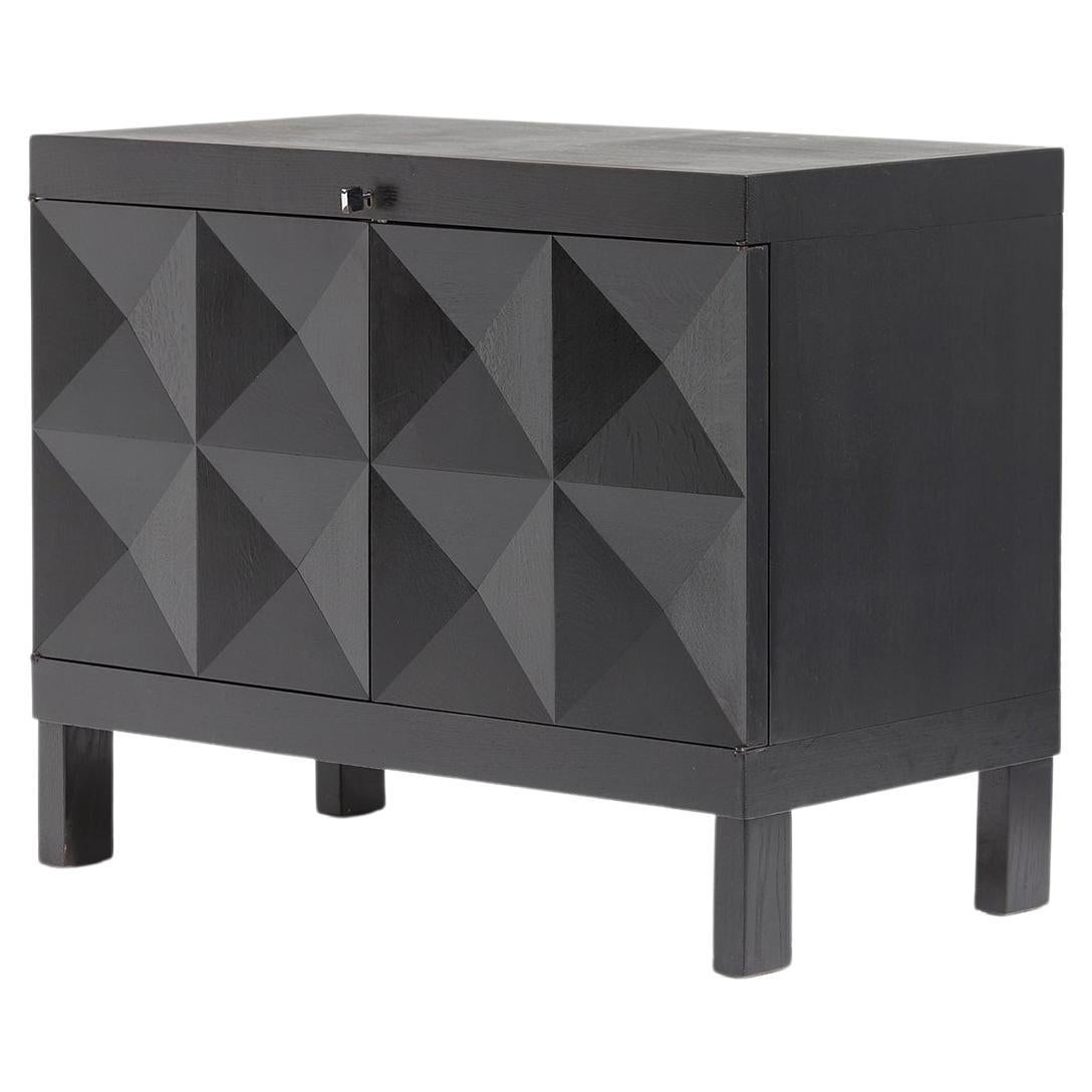 Brutalist black cabinet with graphic patterned doors for MI, Belgium 1969 For Sale