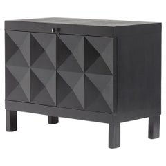 Vintage Brutalist black cabinet with graphic patterned doors for MI, Belgium 1969