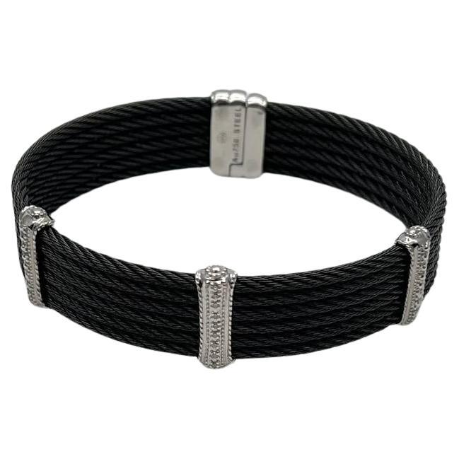 Black Cable Multi Row with 18K White Gold Diamonds Filigree Statement Bracelet