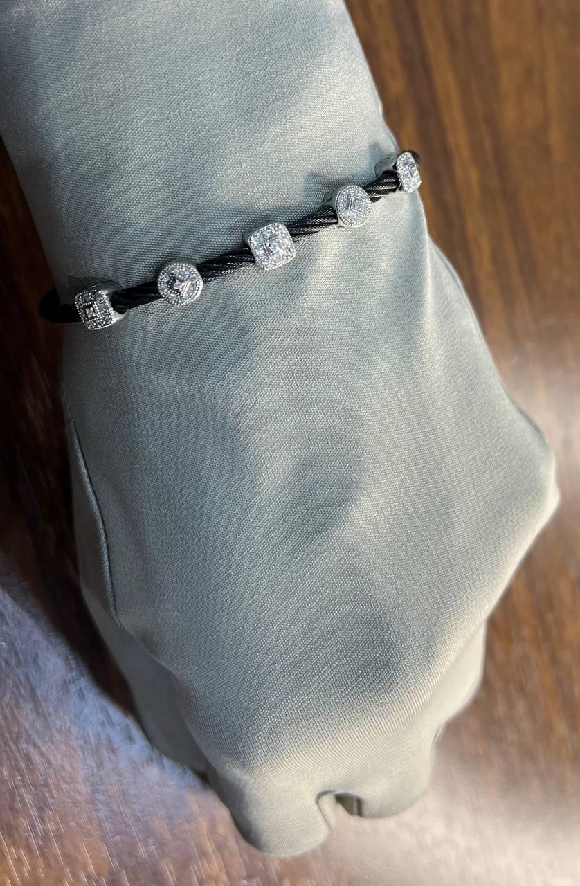 Black Cable Row with 18K White Gold Diamonds Filigree Statement Steel Bracelet For Sale 4
