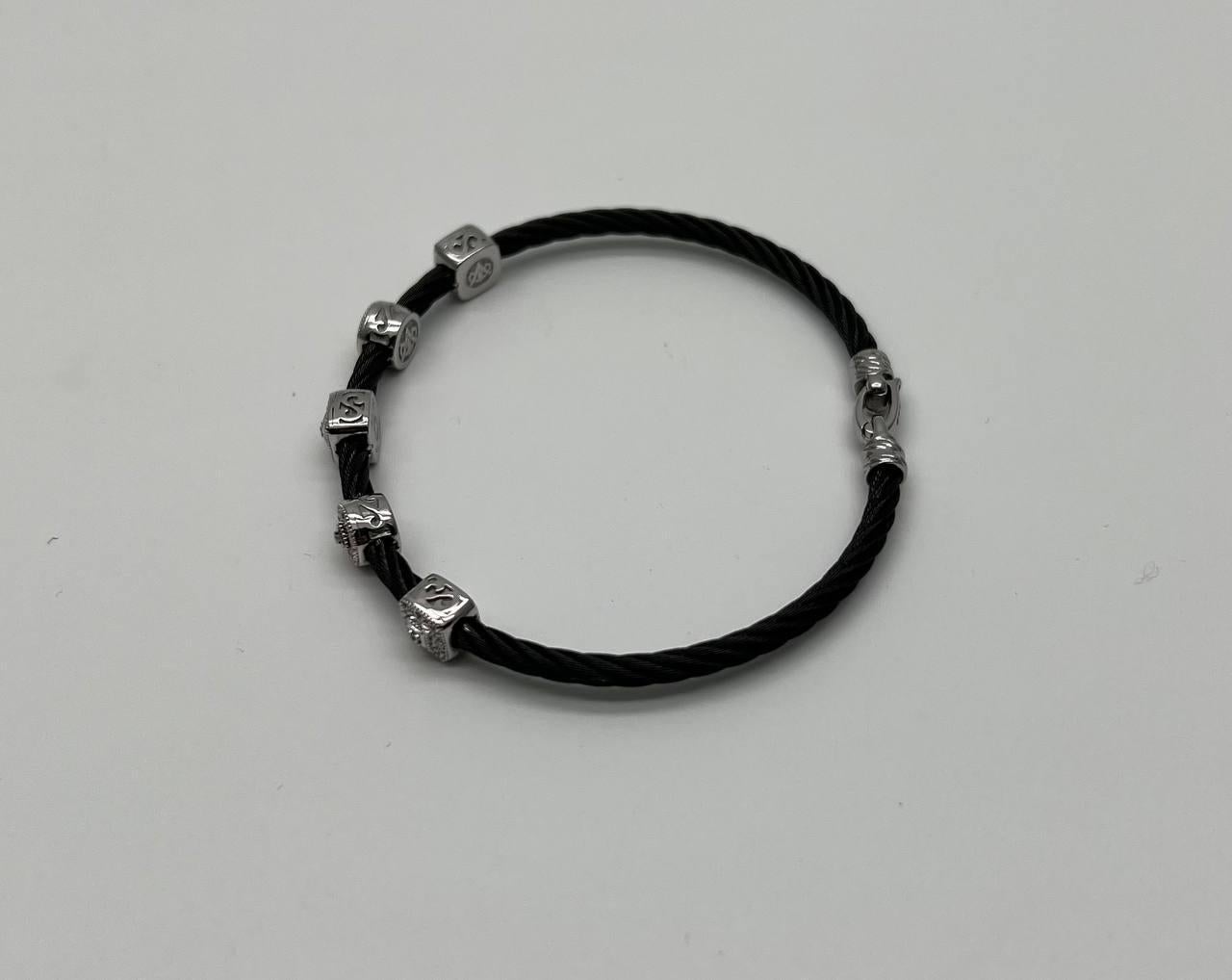 Contemporary Black Cable Row with 18K White Gold Diamonds Filigree Statement Steel Bracelet For Sale