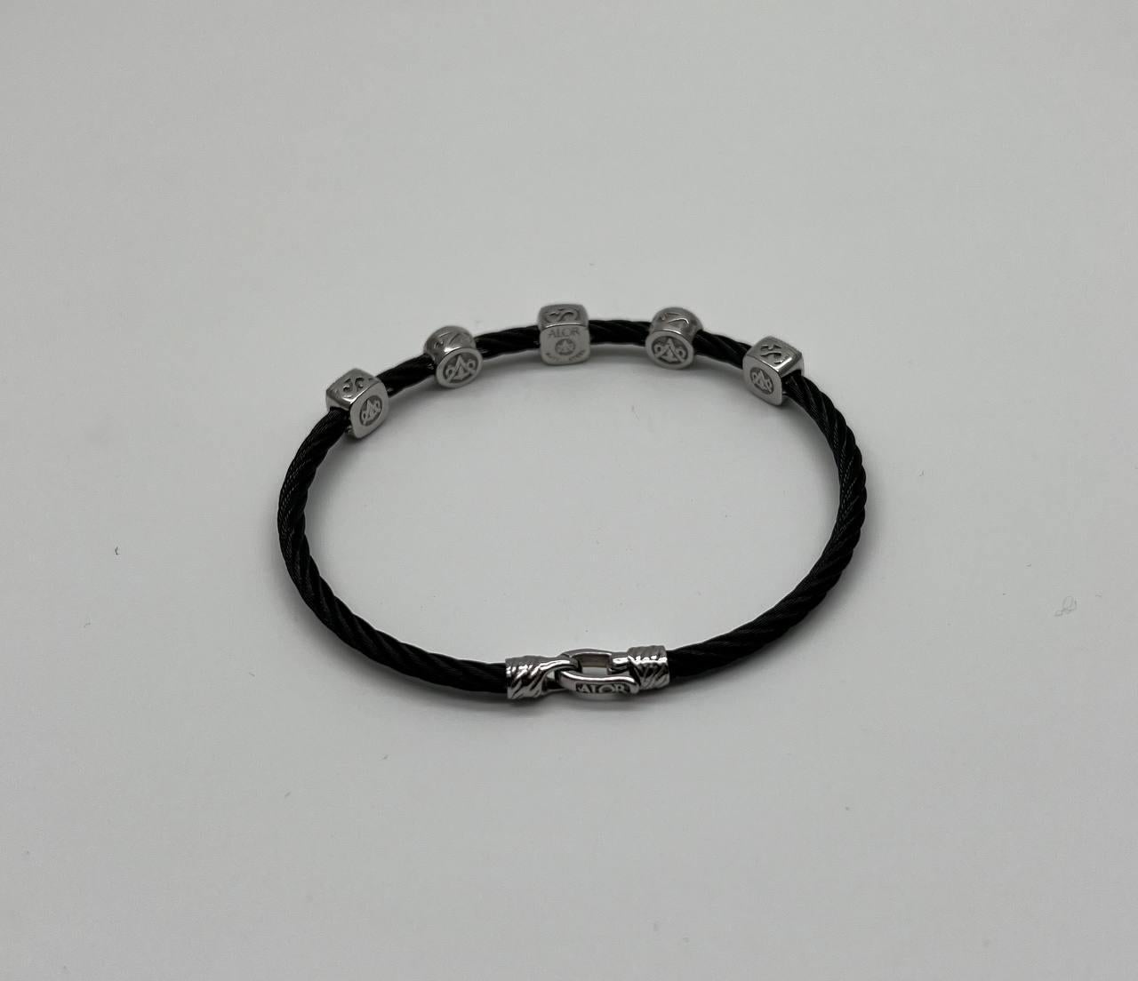 Round Cut Black Cable Row with 18K White Gold Diamonds Filigree Statement Steel Bracelet For Sale