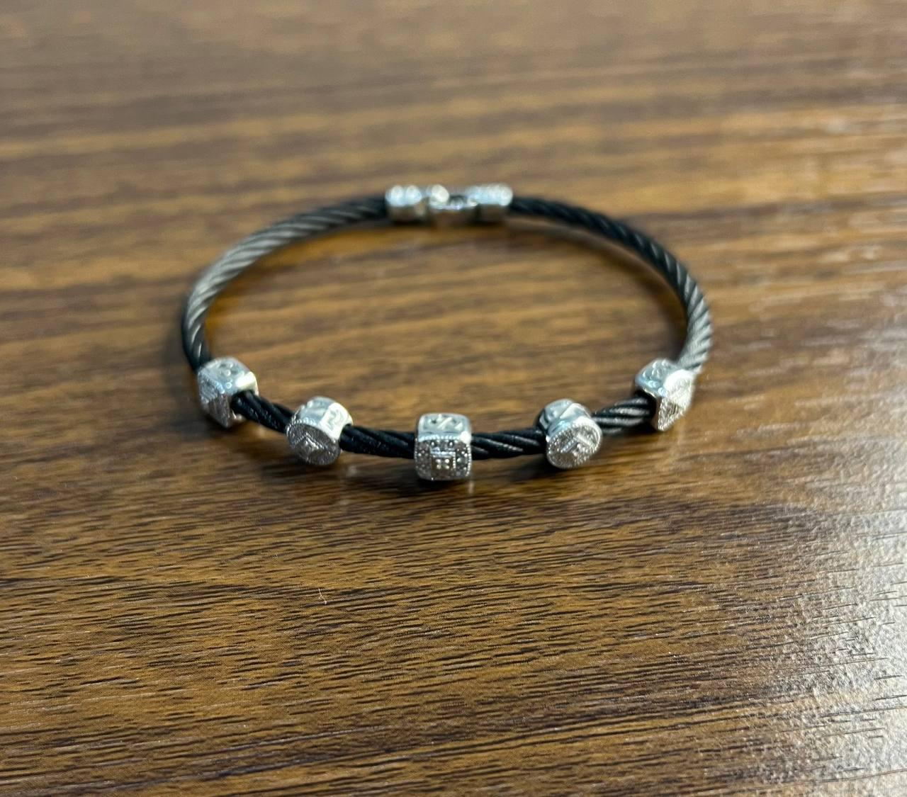 Black Cable Row with 18K White Gold Diamonds Filigree Statement Steel Bracelet In New Condition For Sale In Oakton, VA