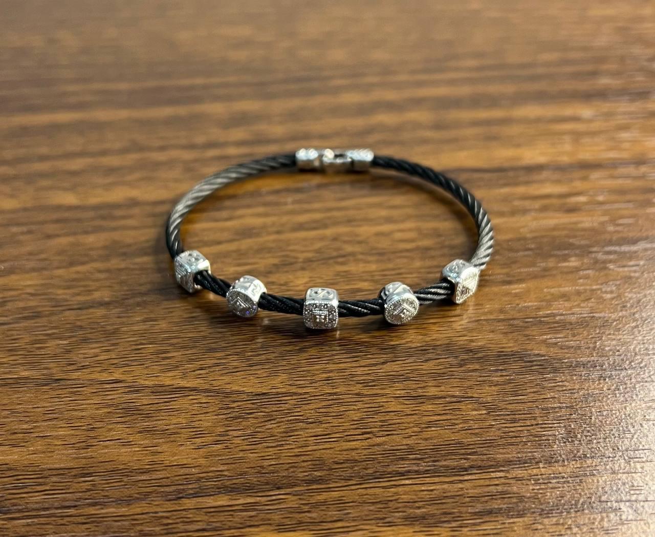 Women's Black Cable Row with 18K White Gold Diamonds Filigree Statement Steel Bracelet For Sale