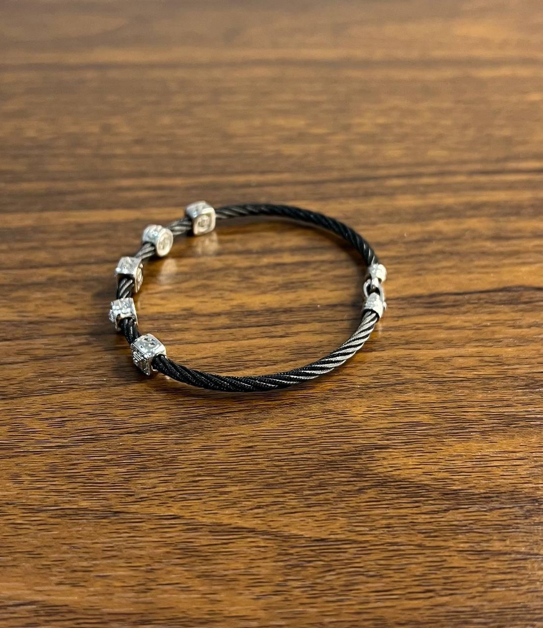 Black Cable Row with 18K White Gold Diamonds Filigree Statement Steel Bracelet For Sale 2