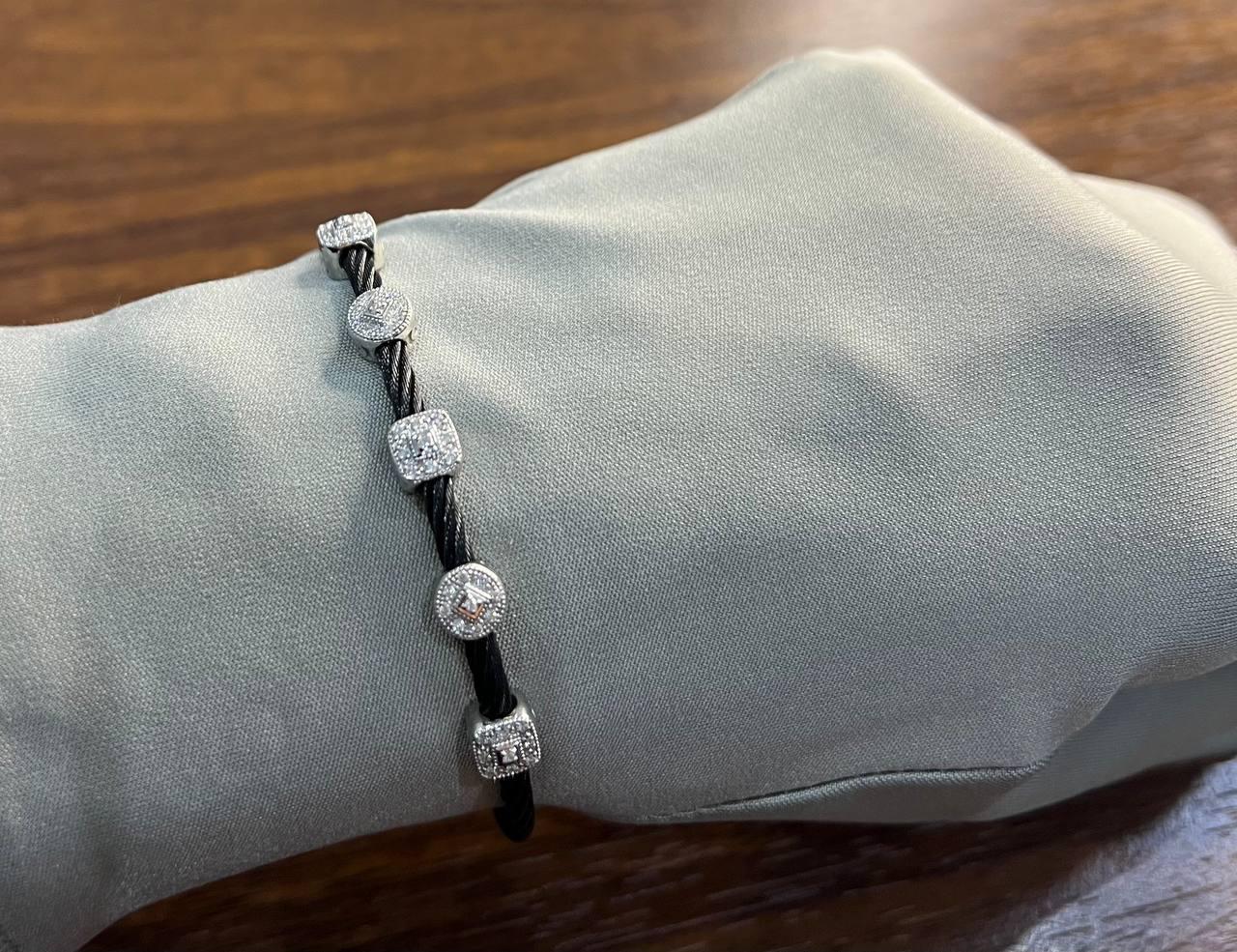 Black Cable Row with 18K White Gold Diamonds Filigree Statement Steel Bracelet For Sale 3