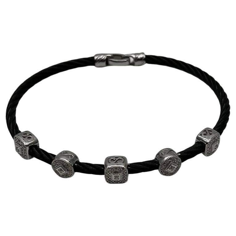 Black Cable Row with 18K White Gold Diamonds Filigree Statement Steel Bracelet
