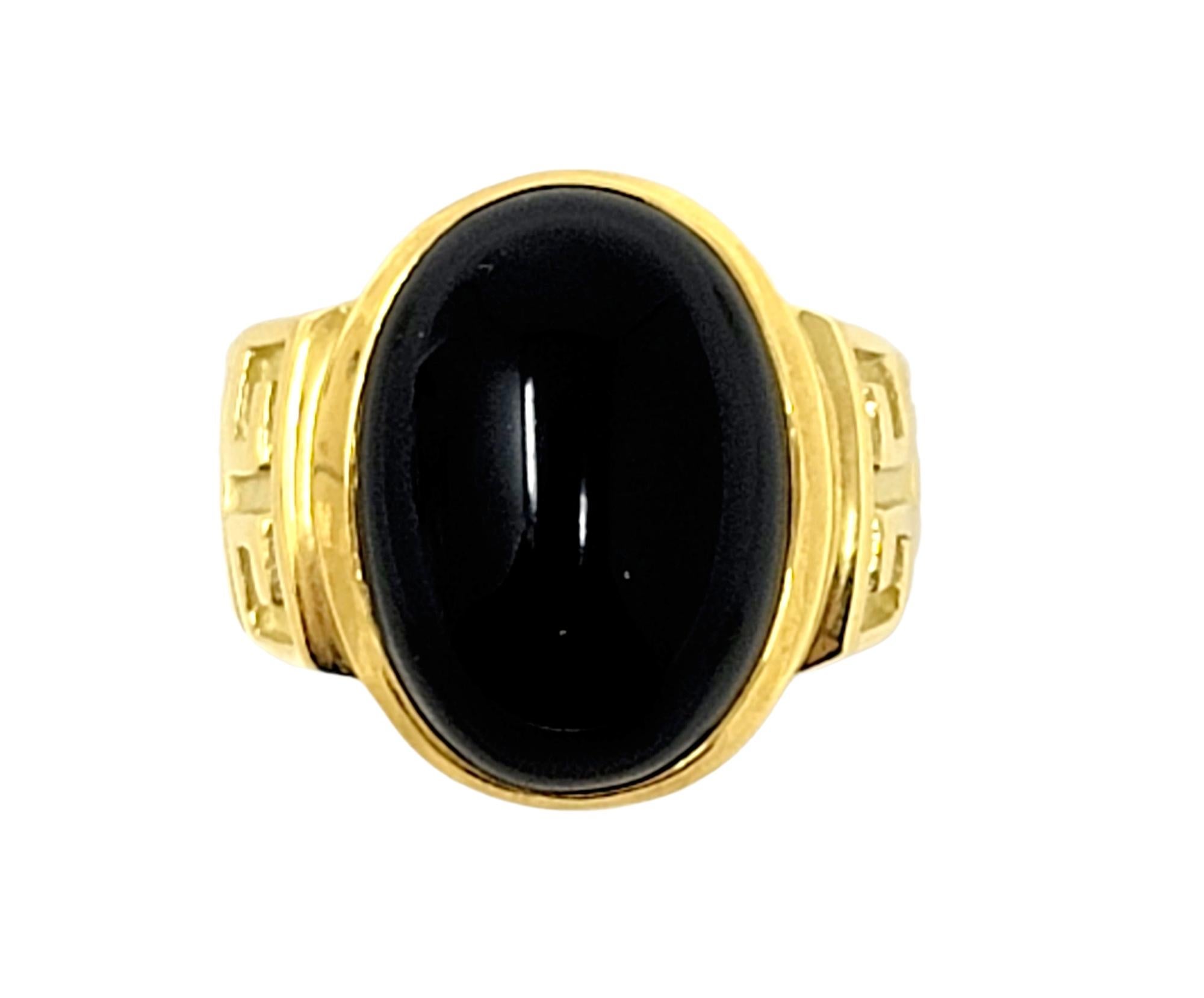 Ring size: 5.25

Chic black onyx ring will make a great addition to your jewelry wardrobe. The classic black and gold color palette will go with just about everything and can be dressed up or down. Features a large, high polished  cabochon black
