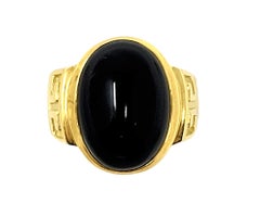 Black Cabochon Oval Onyx Ring in 18 Karat Yellow Gold Bold Wide Design