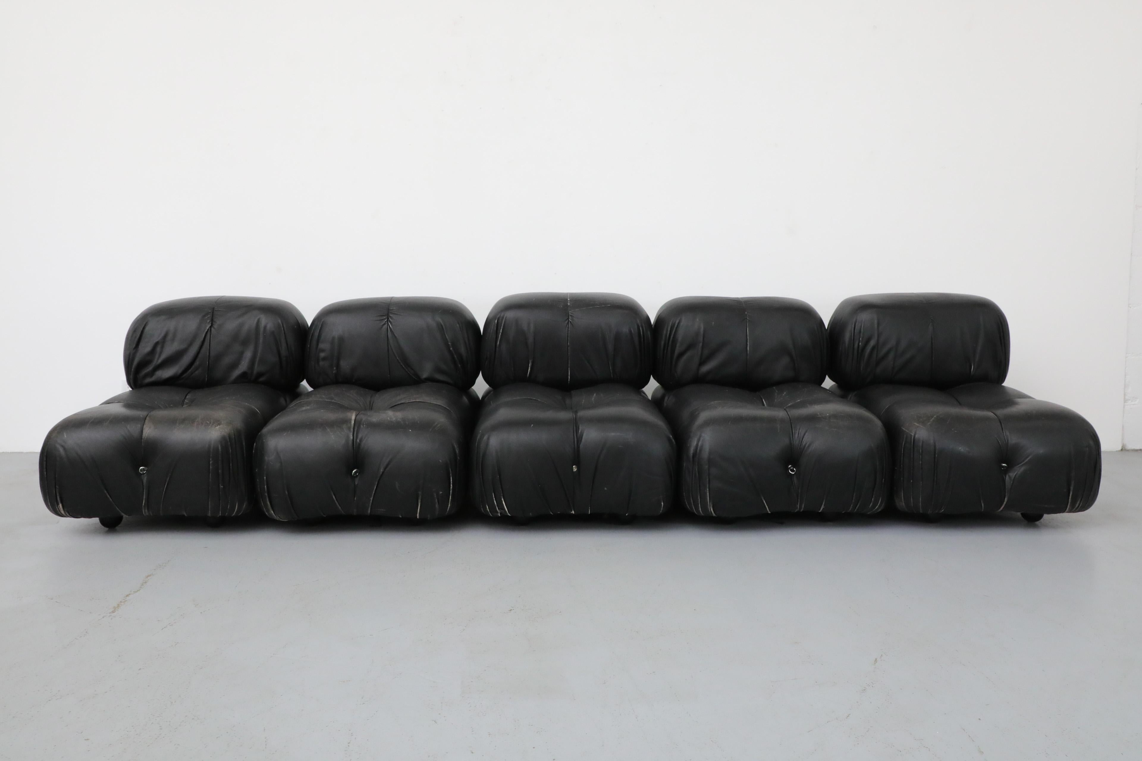 Incredible 5 Section 'Camaleonda' modular sofa designed by Mario Bellini for renowned manufacturer B&B Italia in original black leather. Originally created in 1970 this famous sofa wasn't commercially released until 1972. Combining the two terms