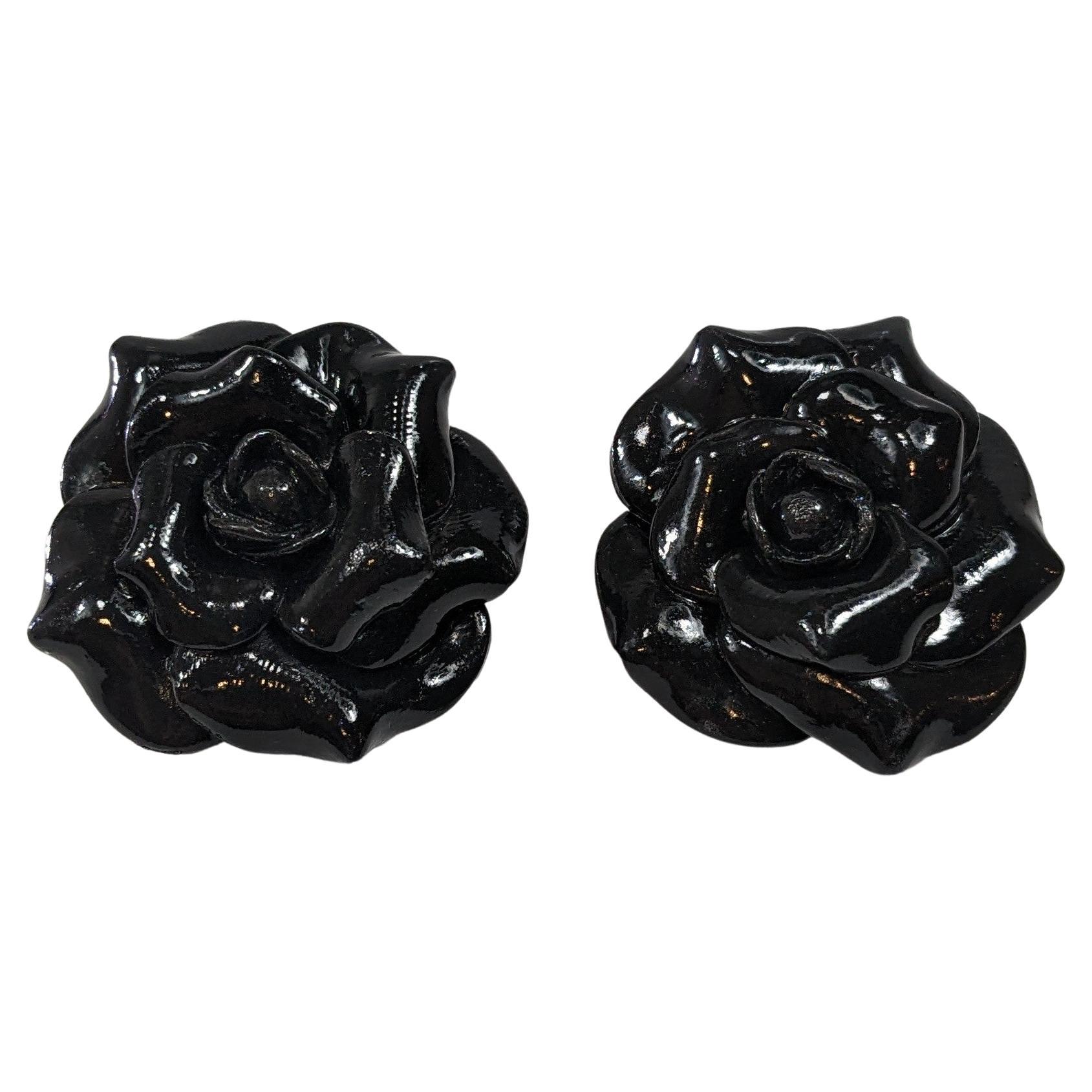  Black Camelia Polymer  Earrings with golplated silver closure For Sale