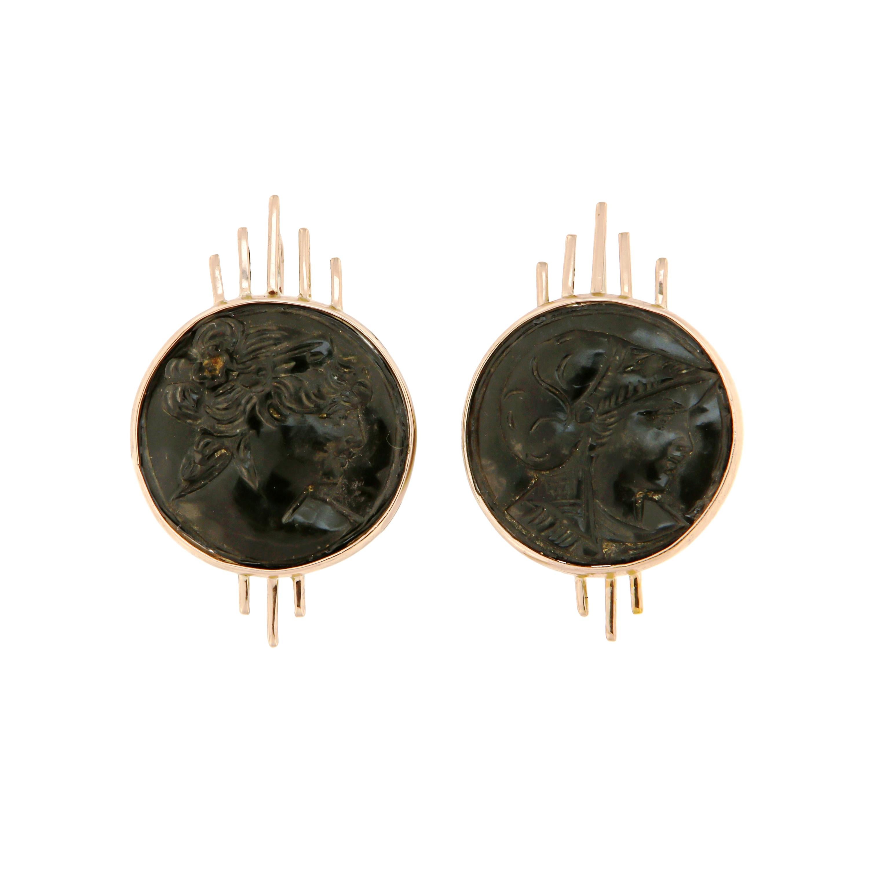 Black Cameo Rose Gold Earrings Handcrafted in Italy by Botta Gioielli For Sale