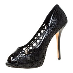 Black Cannage Cut Out Patent Leather Miss Dior Peep Toe Platform Pumps Size 39