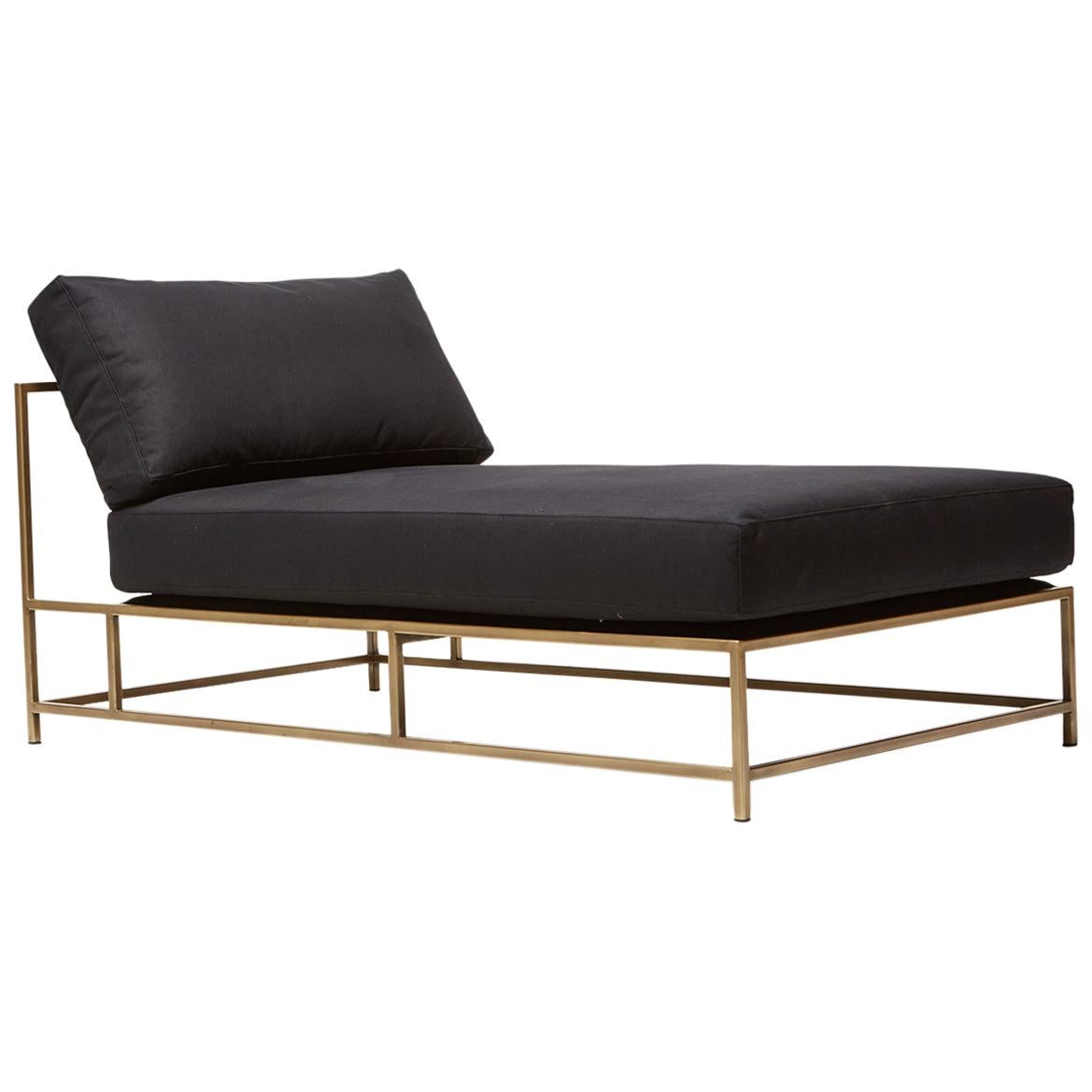 Chaise Longue de Lona Negra y Latón Antiguo