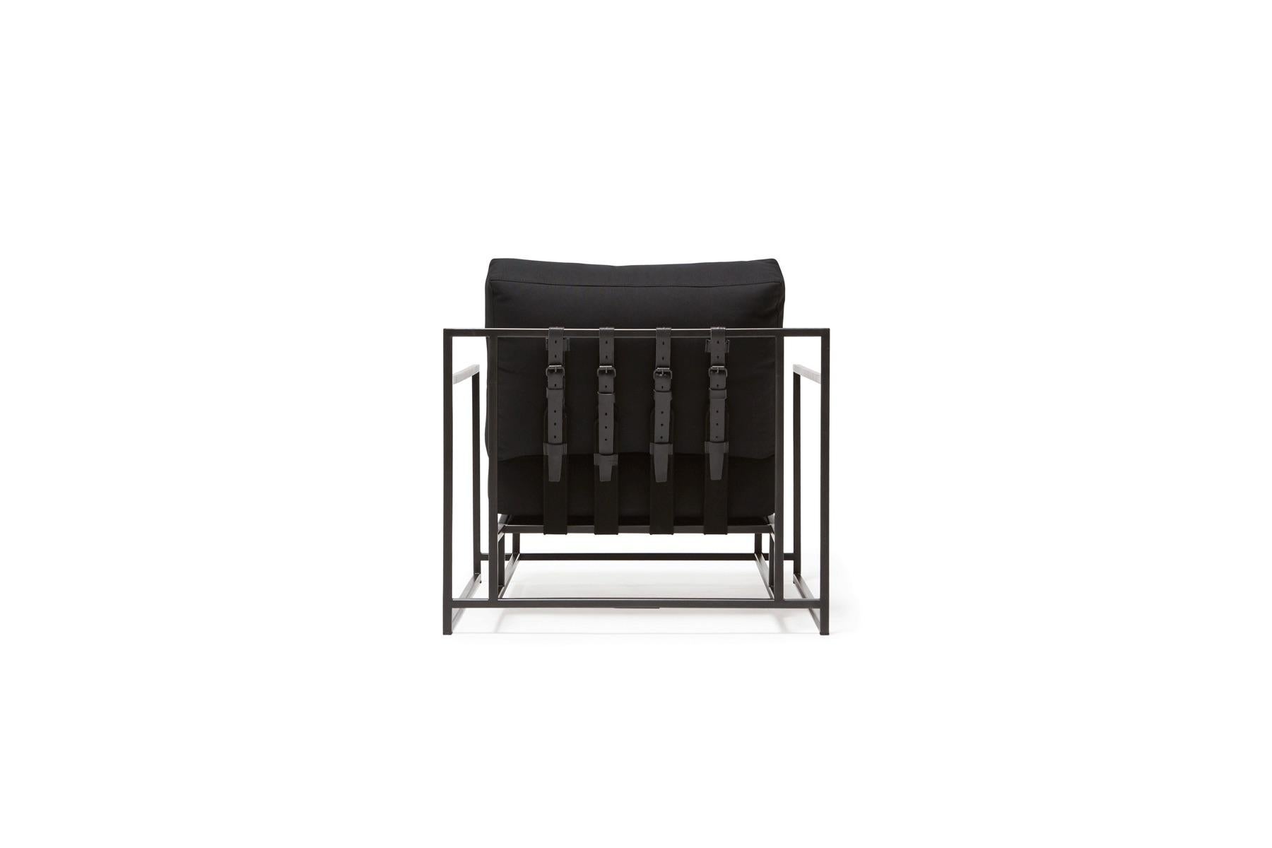 American Black Canvas and Blackened Steel Armchair For Sale