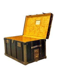 Black Canvas and Brass Flat Travel Trunk, Belle Époque France Circa 1912