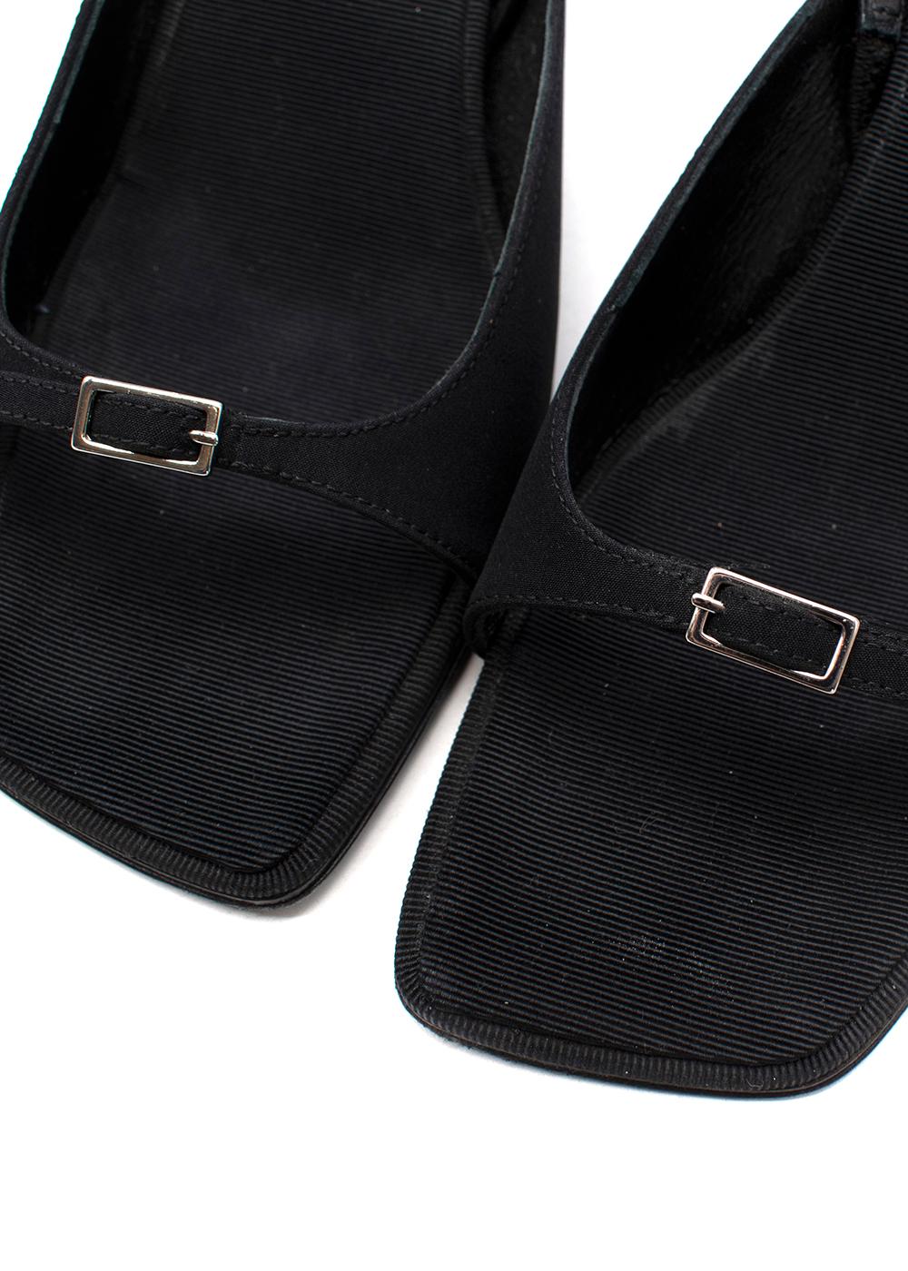 Black Canvas & Leather Buckle-Front Slingback Heeled  For Sale 1