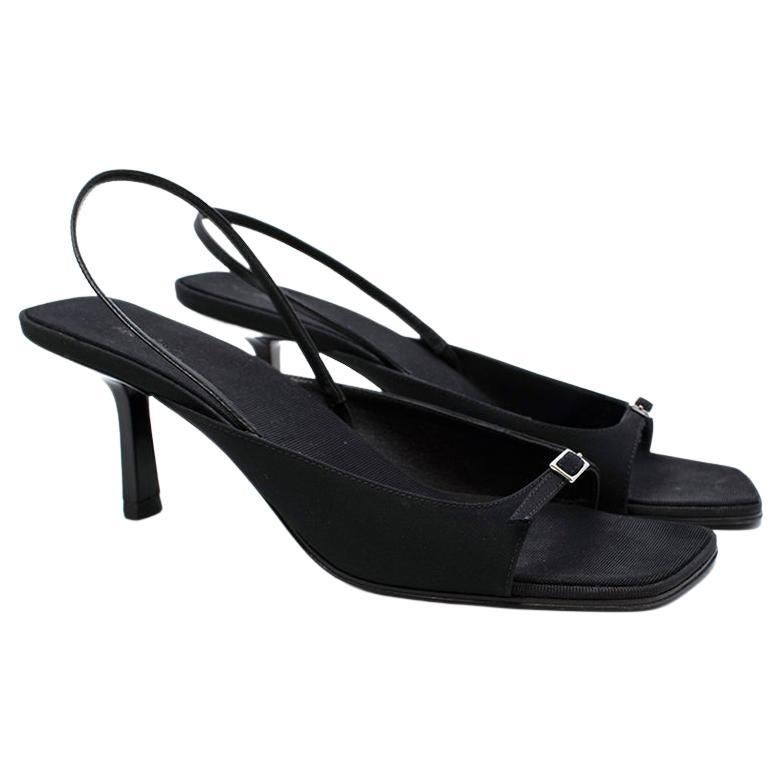 Black Canvas & Leather Buckle-Front Slingback Heeled  For Sale