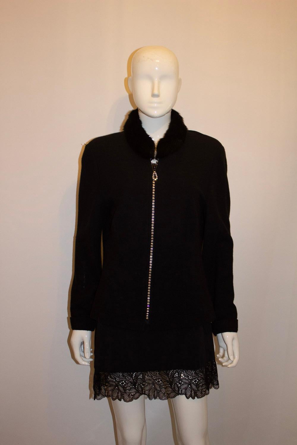 Black Cardigan /Jacket with Wonderful Zip and Fur Collar For Sale 1