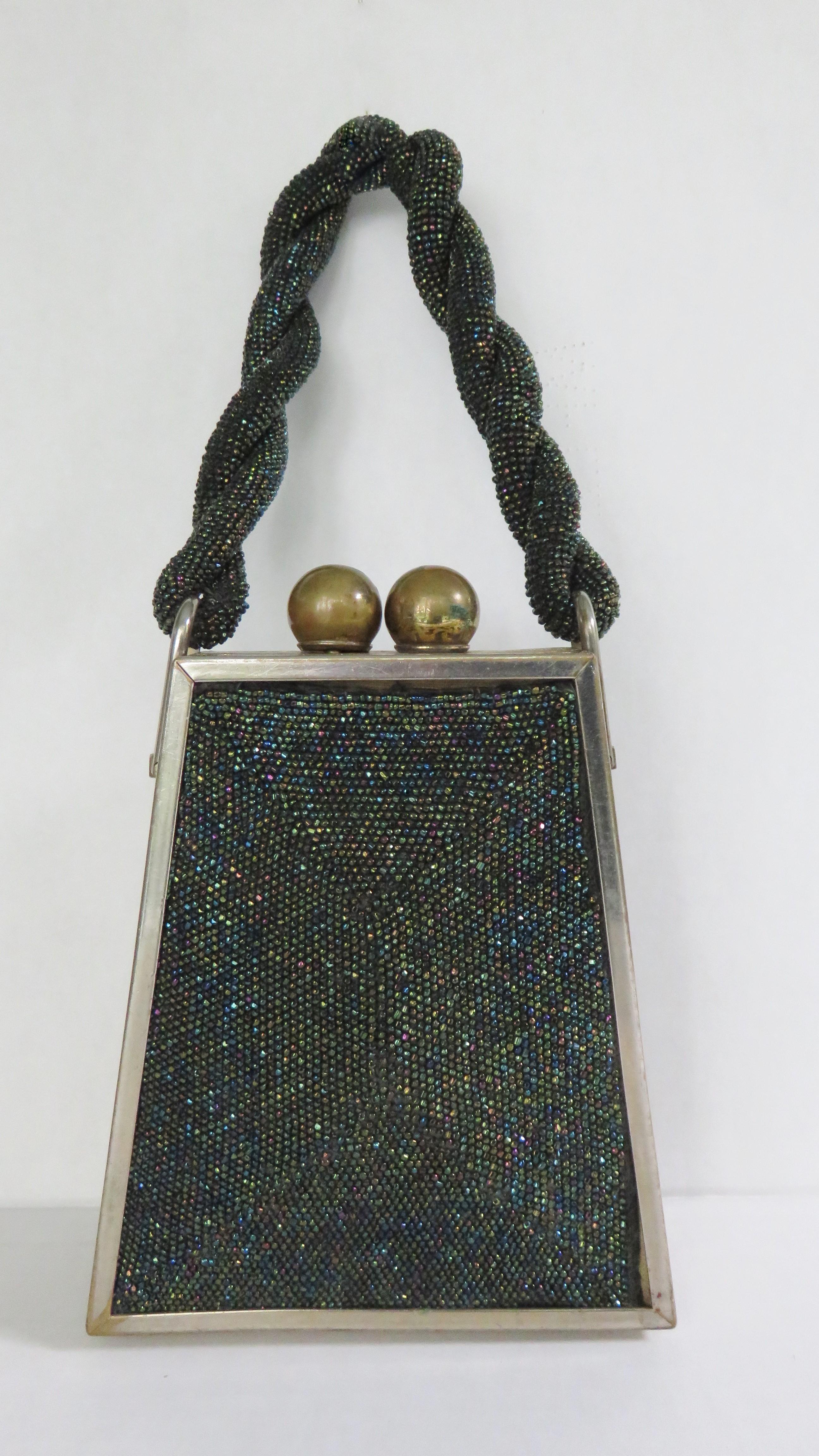 Black Carnival 1940s Beaded Triangle Box Handbag For Sale 9