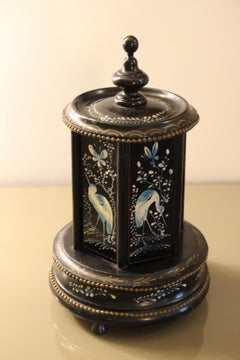 Black Carousel Cigar Box, Spinning Music Box With Hand painted Blue Birds