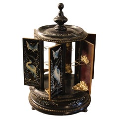 Black Carousel Cigar Box, Spinning Music Box With Hand painted Blue Birds