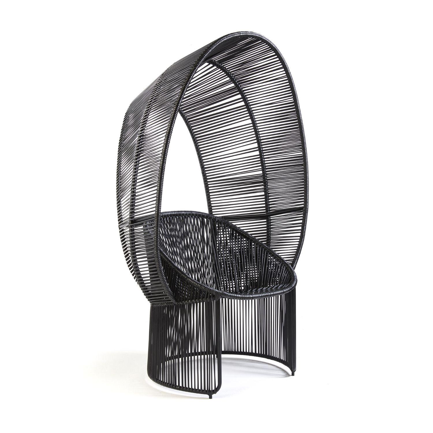 Black Cartagenas reina chair by Sebastian Herkner
Materials: PVC strings. Galvanized and powder-coated tubular steel frame
Technique: made from recycled plastic. Weaved by local craftspeople in Colombia. 
Dimensions: W 82.3 x D 90 x H 155 cm