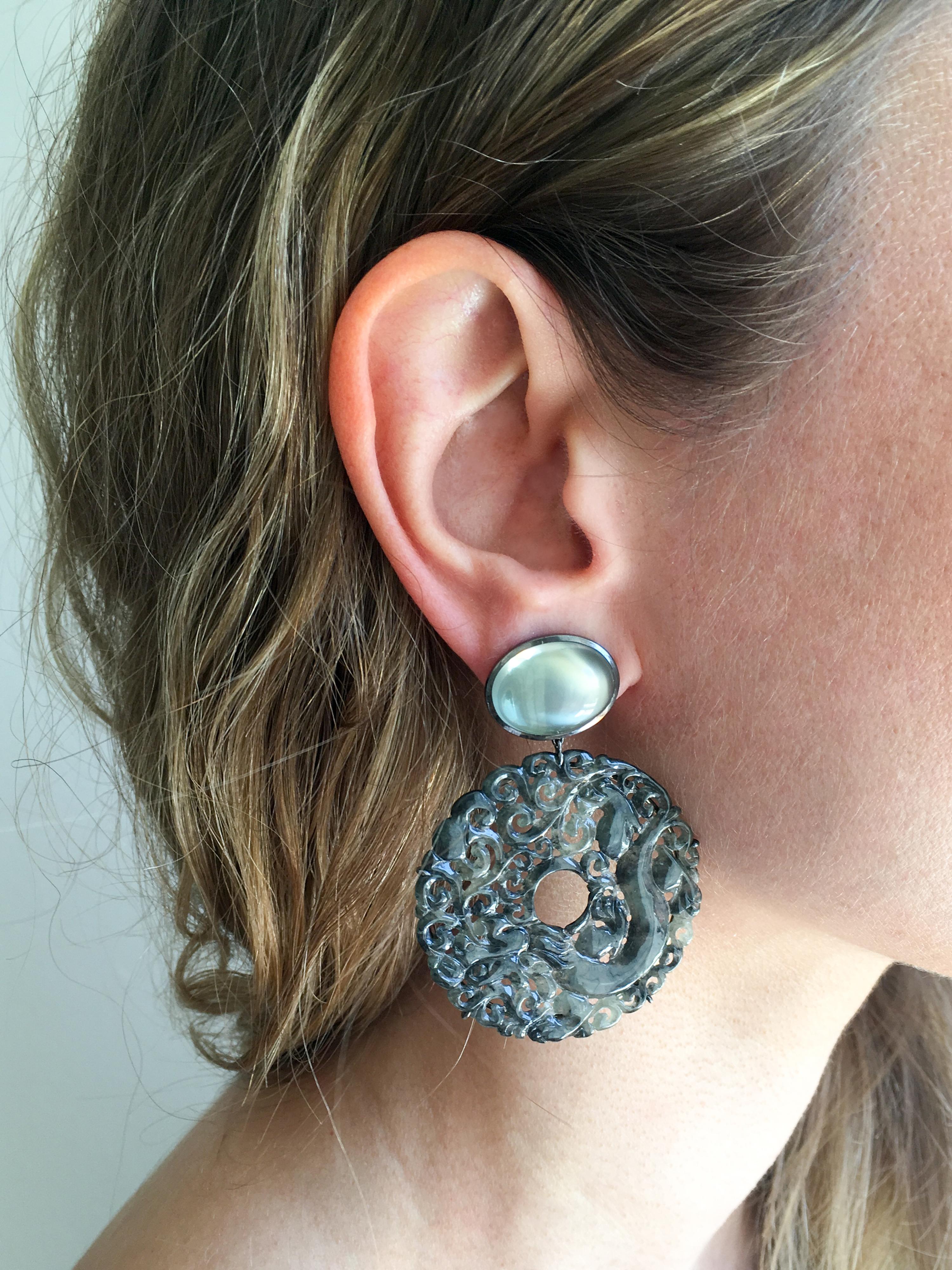 Oval Cut Black Carved Jade Discs '56.01 Carat' and Grey Moonstone '19.96 Carat' Earrings