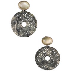 Black Carved Jade Discs 
56.01 Carat
 and Grey Moonstone 
19.96 Carat
 Earrings