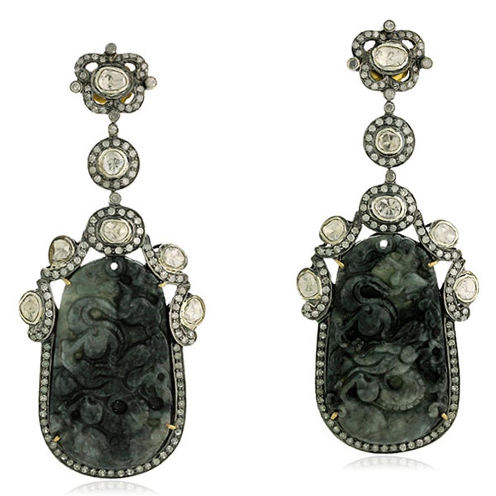 Artisan Black Carved Jade Earring with Diamonds For Sale