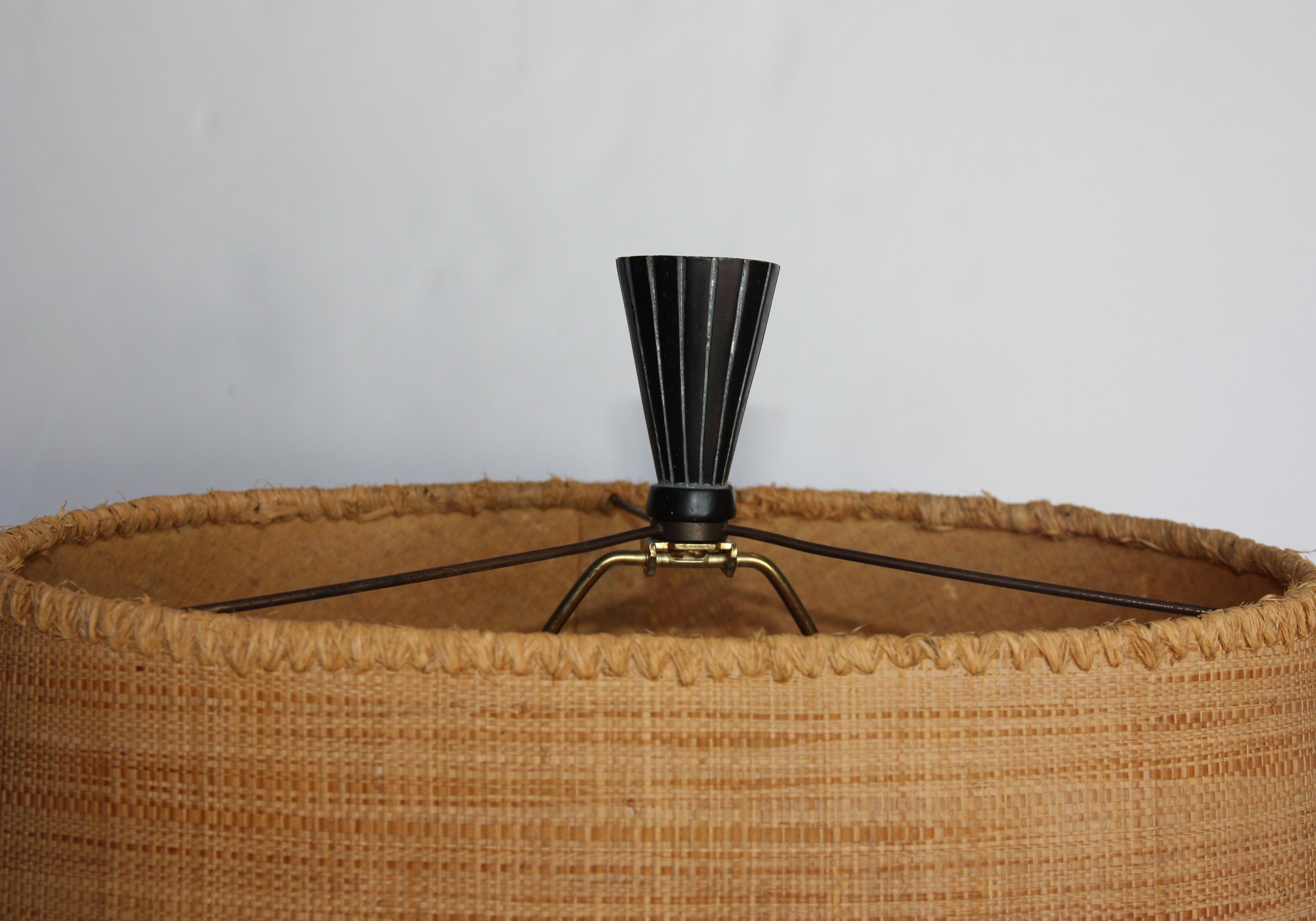 Mid-Century Modern Vintage Wood Lamp with Original Finial and Grasscloth Shade