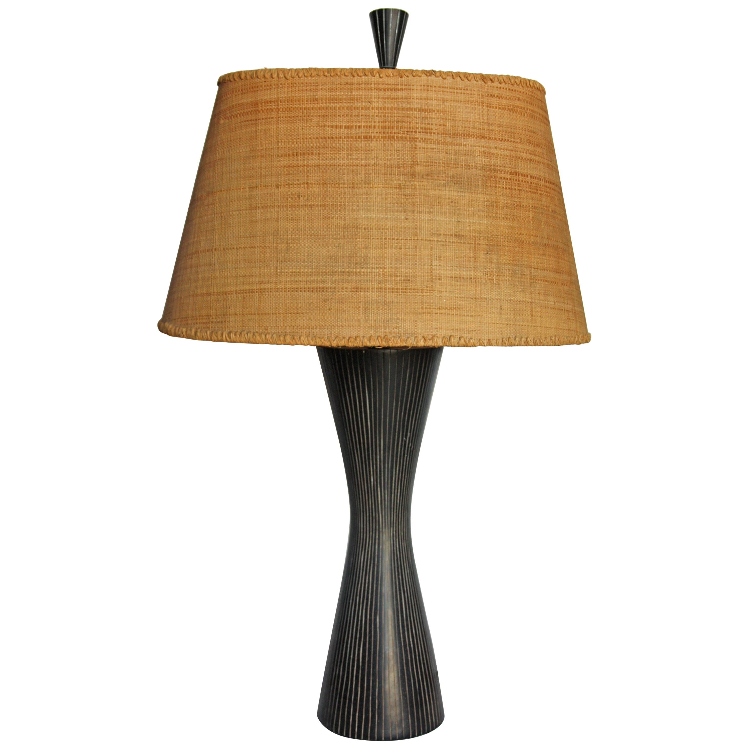 Vintage Wood Lamp with Original Finial and Grasscloth Shade at 1stDibs