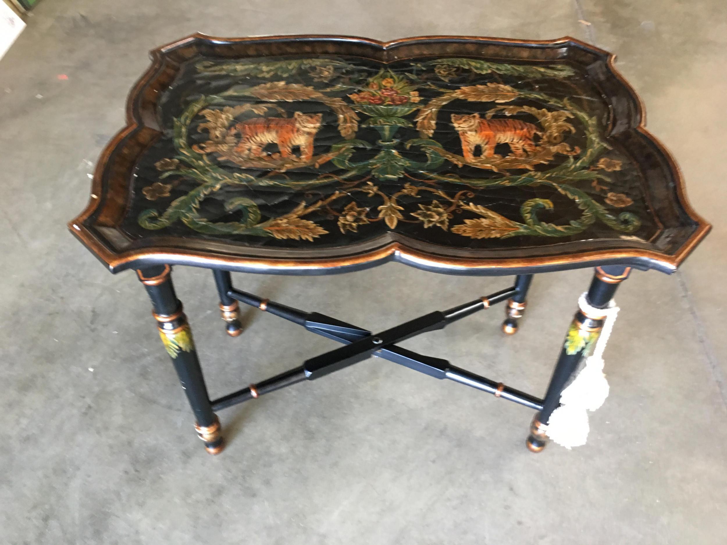 Aesthetic Movement Black Carved Wood Tray Table and Stand with Tiger Motif