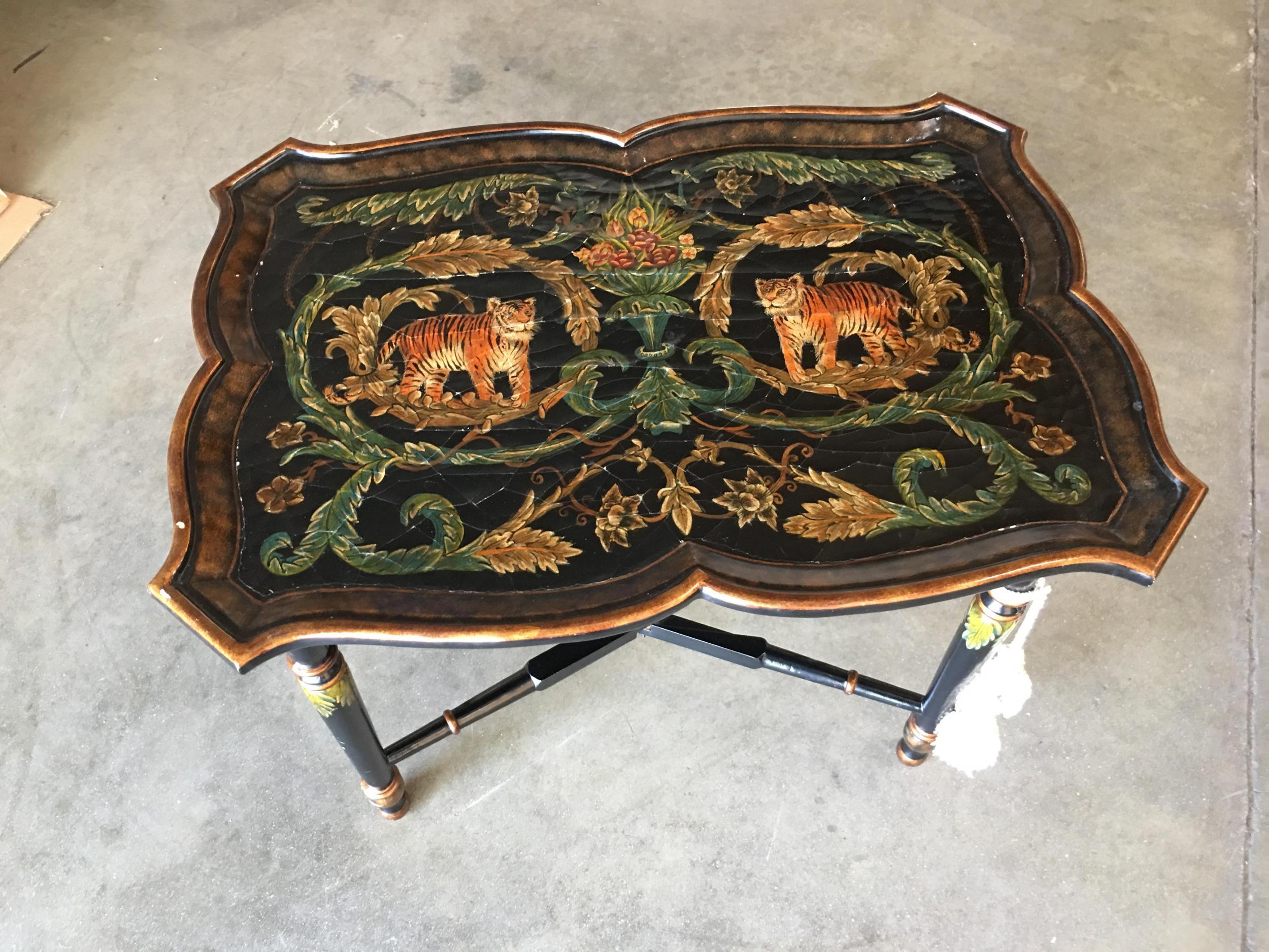 American Black Carved Wood Tray Table and Stand with Tiger Motif