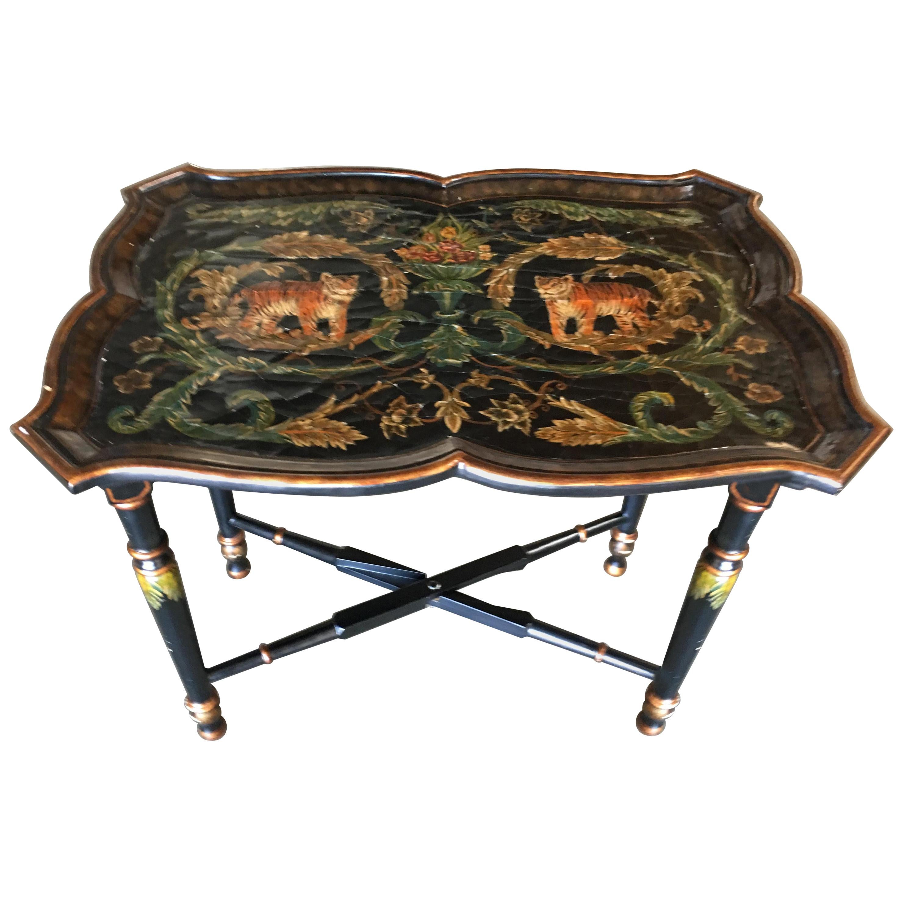 Black Carved Wood Tray Table and Stand with Tiger Motif