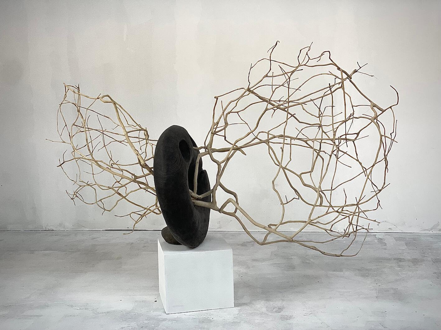 Ash Black Carved Wood, Twisted Branches, Organic Form Sculpture by Jérôme Pereira For Sale