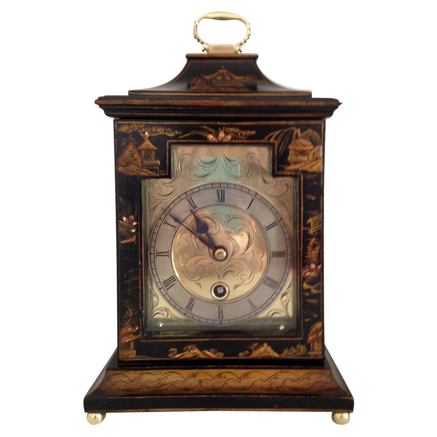 Black Cased Chinoiserie Mantel Clock by Astral of Coventry, circa 1920