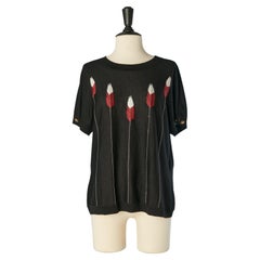 Black cashmere and silk tee-shirt with thread feather embroideries CHANEL