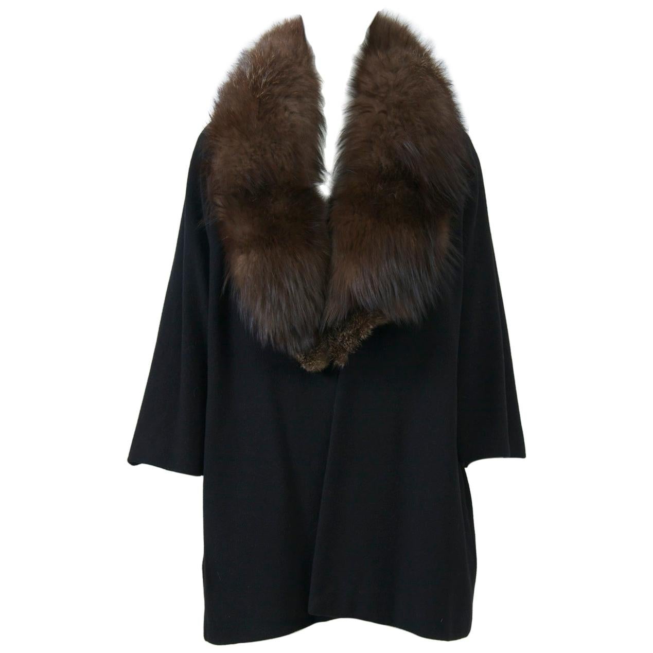 Black Cashmere-Blend Jacket with Fox Collar