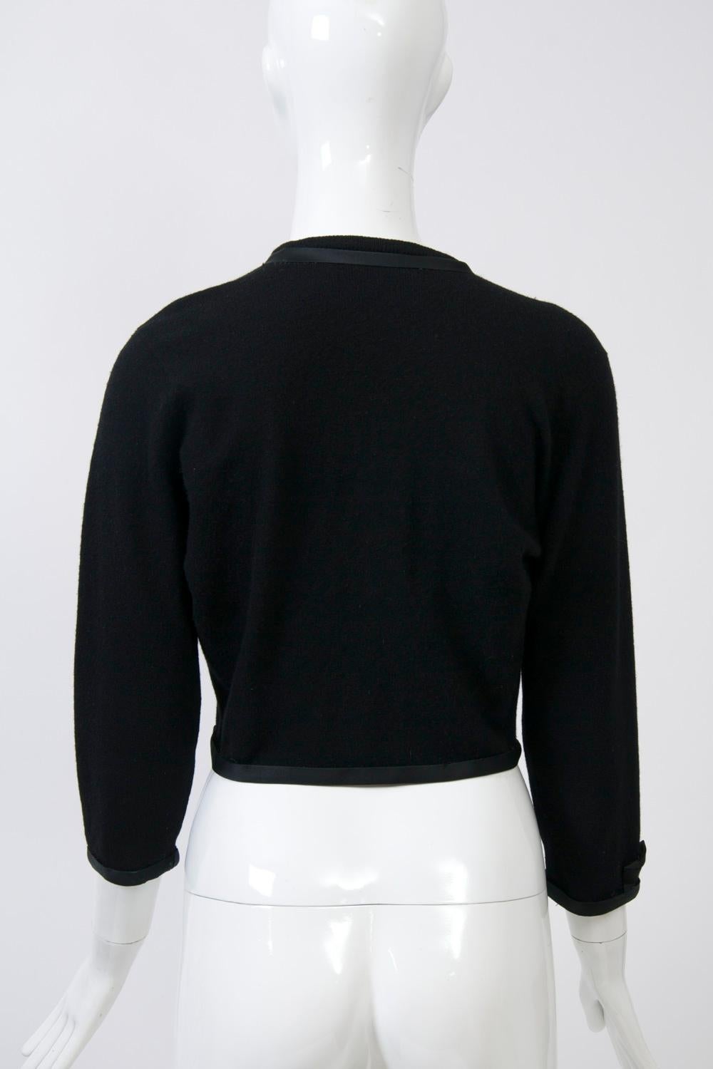 Black Cashmere Cardigan with Satin Trim In Good Condition In Alford, MA