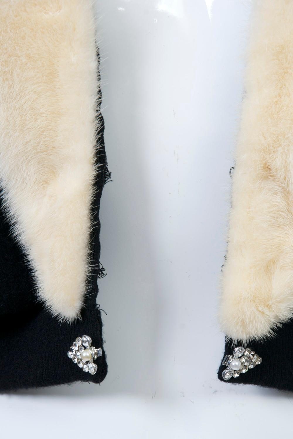 Beige Black Cashmere Cardigan with White Mink Collar