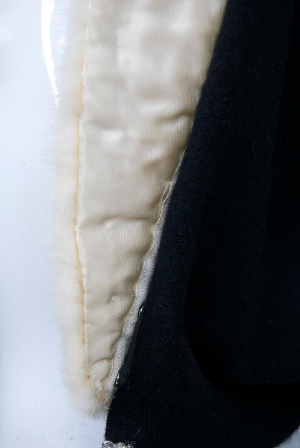 Black Cashmere Cardigan with White Mink Collar In Good Condition In Alford, MA