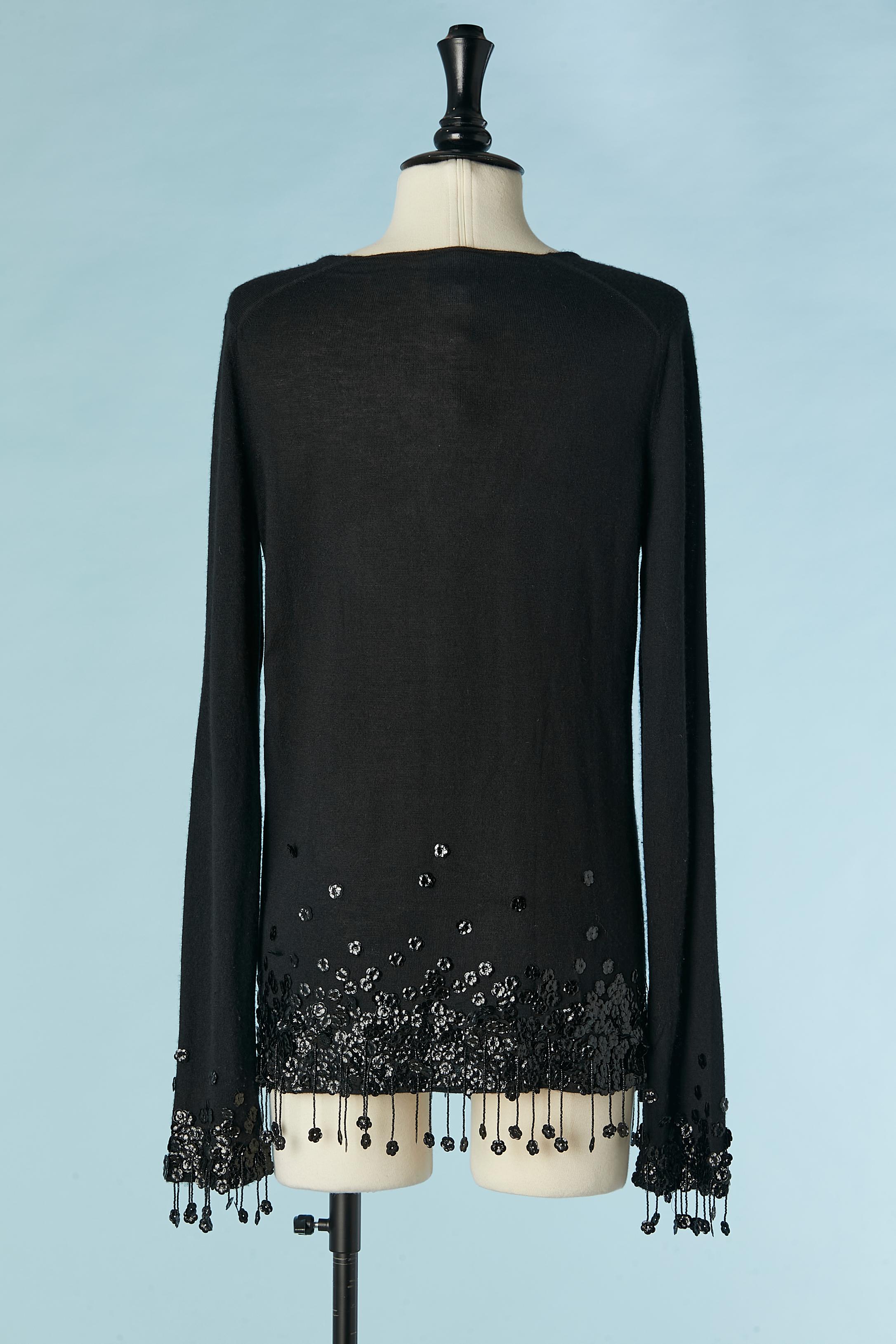 Women's Black cashmere sweater with flowers and beads fringes embellishment Chanel  For Sale