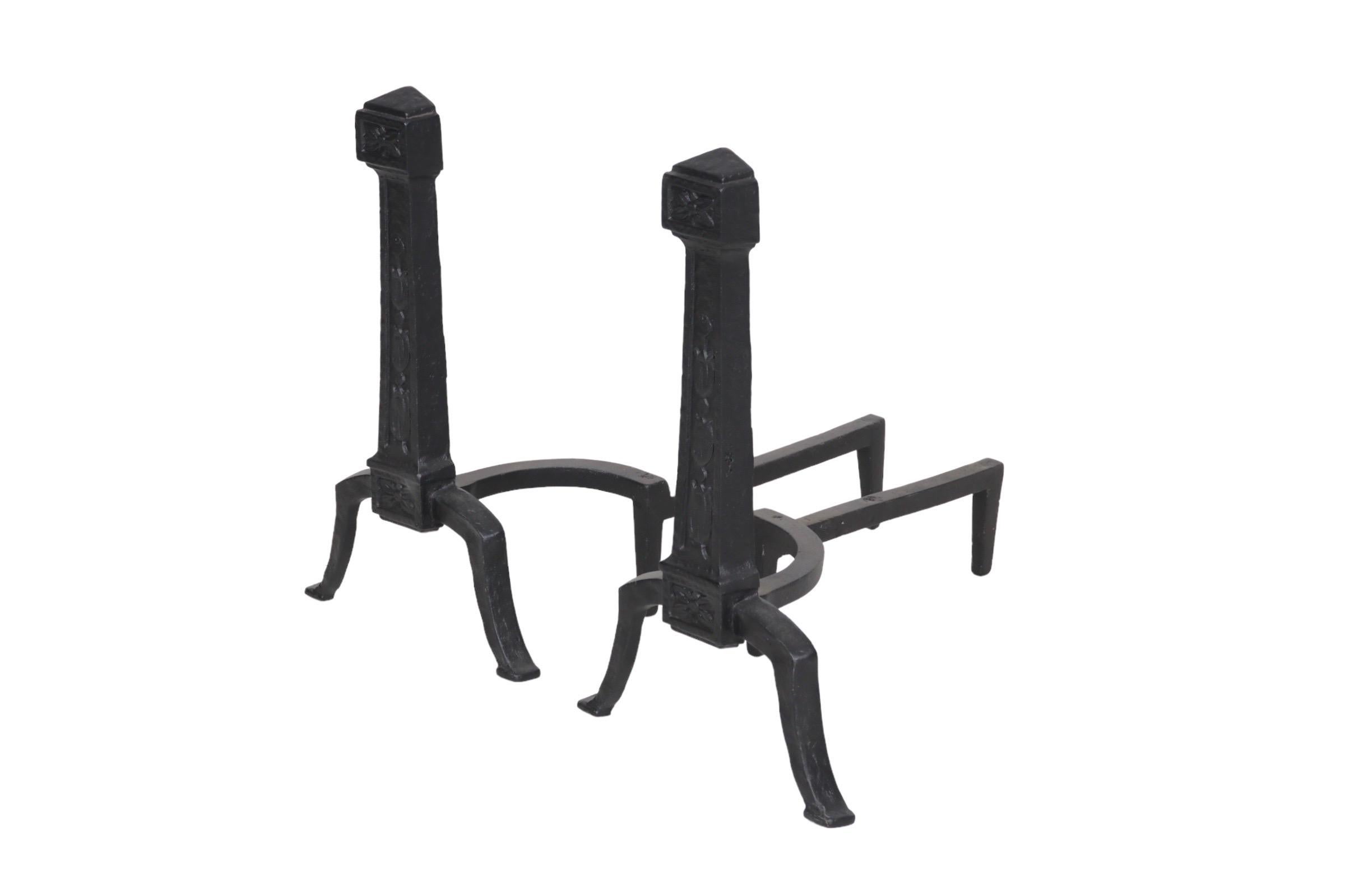 20th Century Black Cast Iron Andirons, a Pair