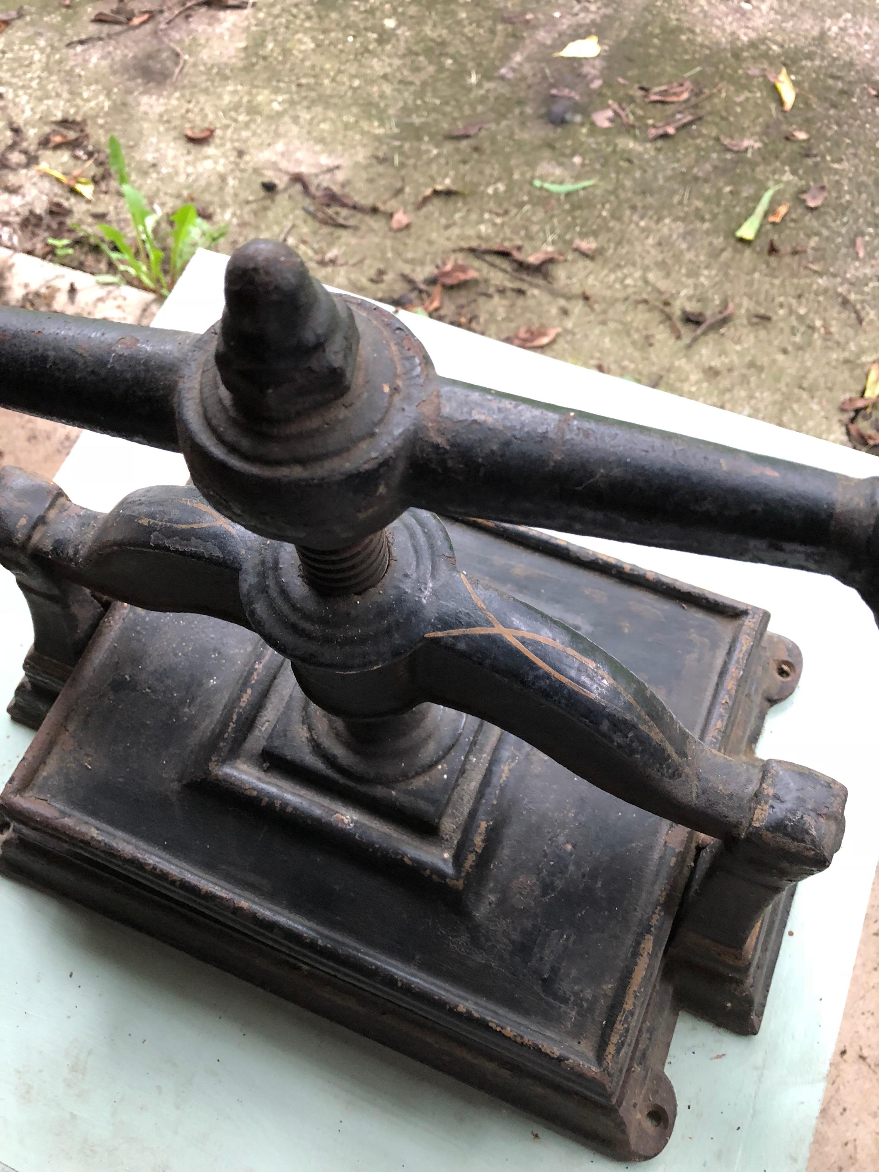 Forged Black With Gold Decoration Cast Iron Book Press, circa 1900 For Sale